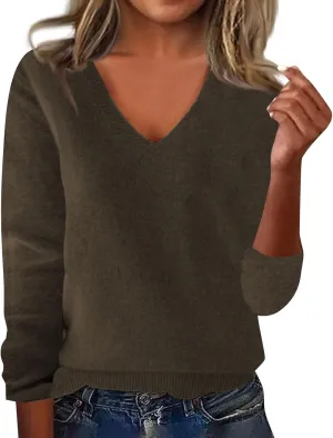 Cashmere Sweaters for Women Long Sleeve V Neck Pullover Sweater Fall Soft Warm Cozy Lightweight Wool Knit Sweater Cashmere for Women