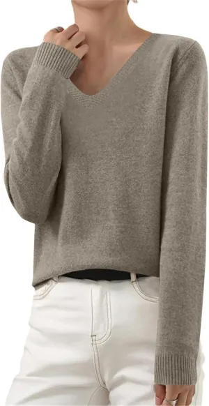 Cashmere Sweaters for Women Long Sleeve V Neck Pullover Sweater Soft Warm Cozy Lightweight Wool Knit Jumpers Sweater Cashmere Sweaters for Women Womens Sweaters