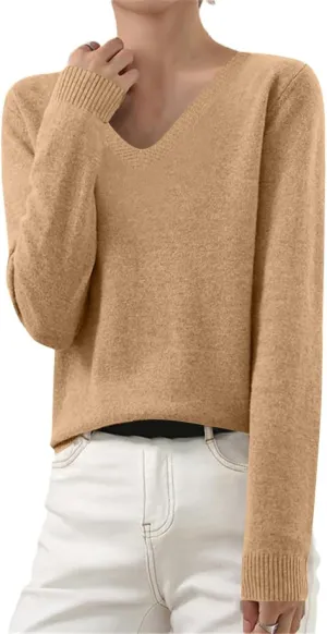 Cashmere Sweaters for Women Long Sleeve V Neck Pullover Sweater Soft Warm Cozy Lightweight Wool Knit Jumpers Sweater Womens Sweaters Fall Womens Camel Sweater