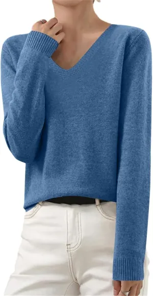 Cashmere Sweaters for Women Long Sleeve V Neck Pullover Sweater Soft Warm Cozy Lightweight Wool Knit Jumpers Sweater Women's Wool Sweaters Cashmere Sweater for Women