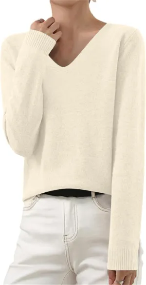 Cashmere Sweaters for Women V Neck Lightweight Knit Long Sleeve Shirts Soft Warm Pullover Tops Fuzzy Wool Sweaters