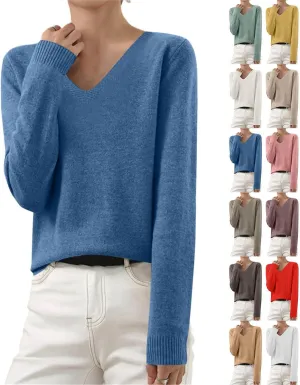 Cashmere Sweaters for Women V Neck Lightweight Knit Long Sleeve Shirts Soft Warm Pullover Tops Fuzzy Wool Sweaters