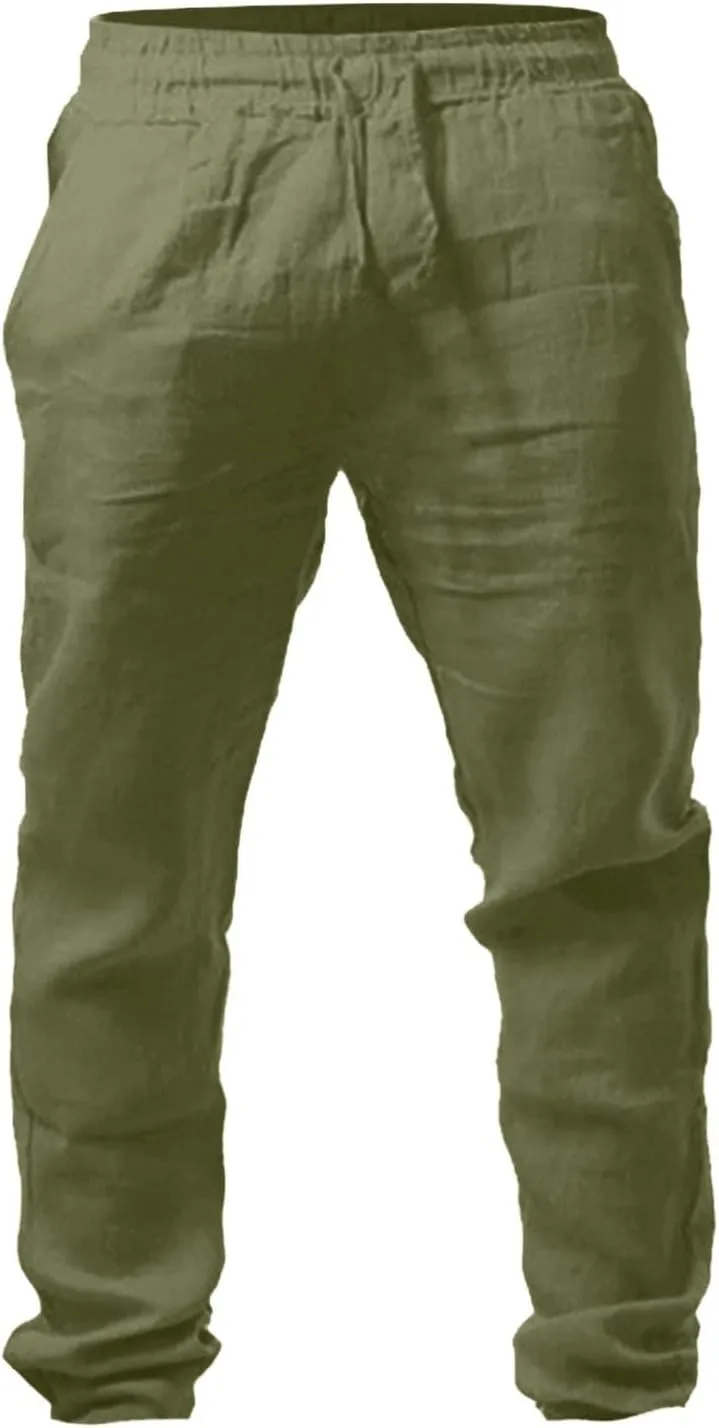 Casual Linen Pants Men Summer Lightweight Yoga Beach Pant Drawstring Elastic Waist Loose Straight Leg Lounge Trousers