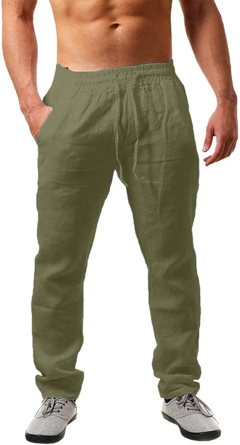 Casual Linen Pants Men Summer Lightweight Yoga Beach Pant Drawstring Elastic Waist Loose Straight Leg Lounge Trousers