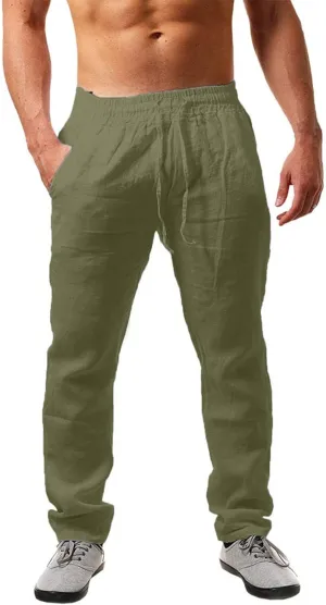 Casual Linen Pants Men Summer Lightweight Yoga Beach Pant Drawstring Elastic Waist Loose Straight Leg Lounge Trousers