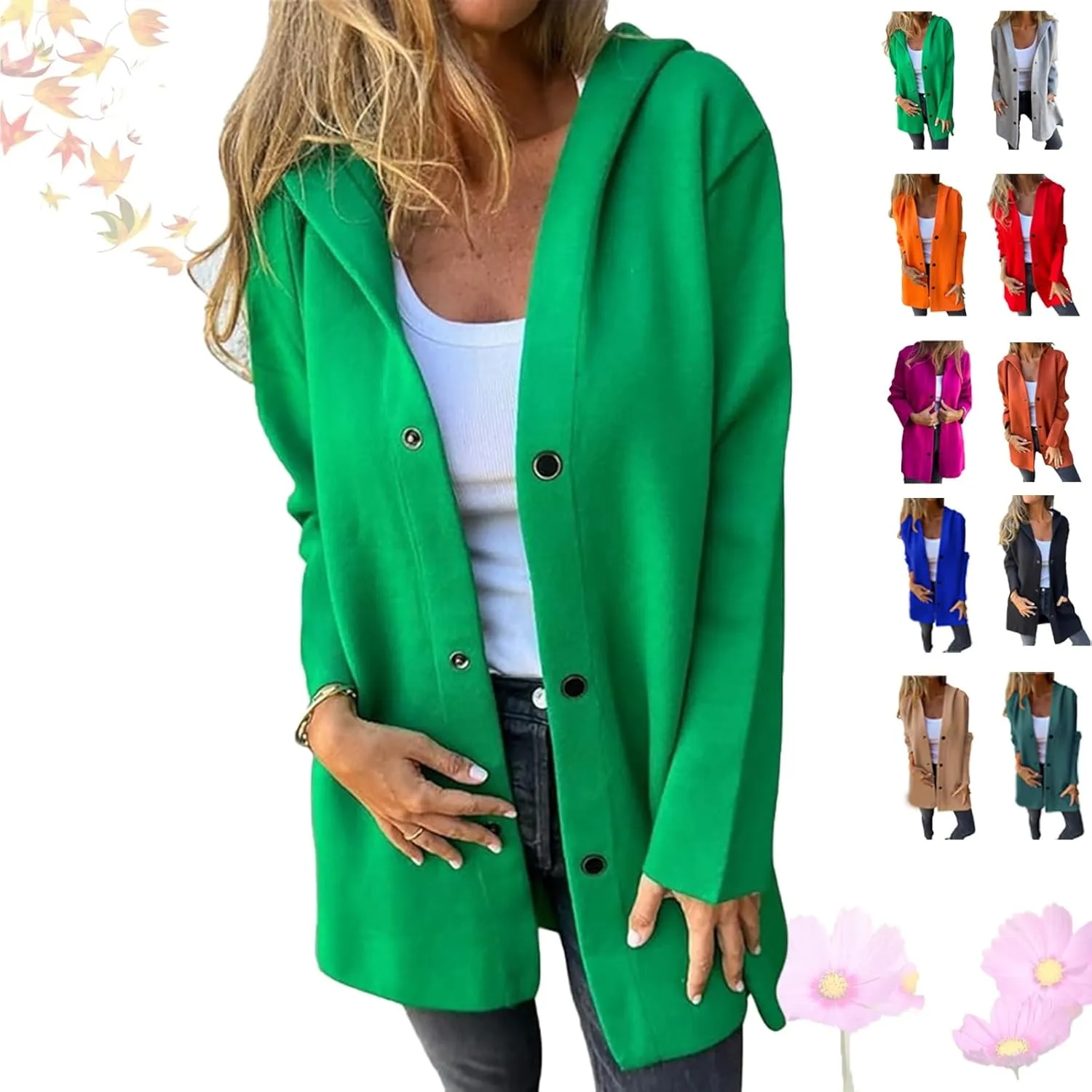 Cedar and Ash Single Breasted Hooded Jacket, Women Jackets Casual Long Sleeve Solid Color Trench Coat in the Fall and Spring
