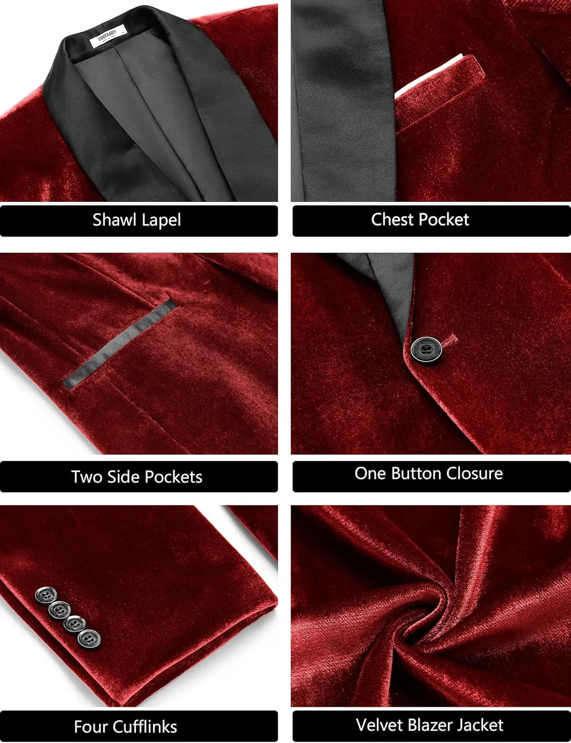 COOFANDY Men's Velvet Tuxedo One Button Jacket Dinner Prom Wedding Blazer Jacket