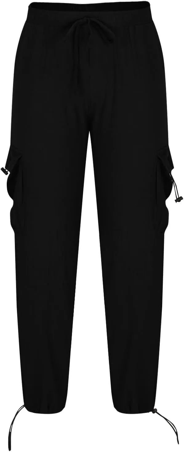 Cotton Linen Cargo Pants for Men Elastic Waist Sports Trousers Lounge Loose Joggers Sweatpants Pockets Athletic Pants