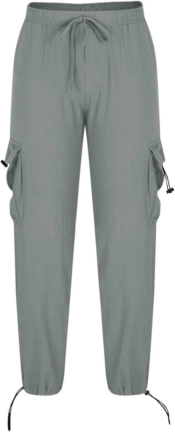 Cotton Linen Cargo Pants for Men Elastic Waist Sports Trousers Lounge Loose Joggers Sweatpants Pockets Athletic Pants