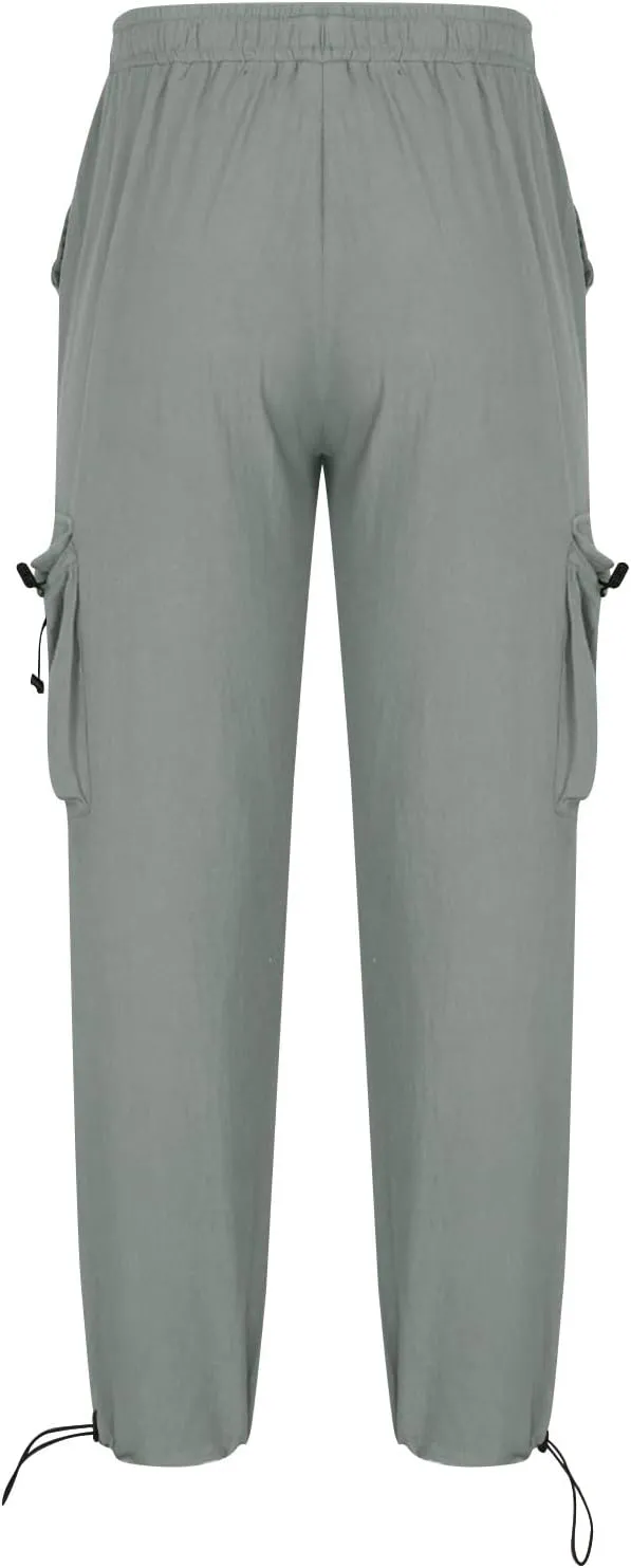Cotton Linen Cargo Pants for Men Elastic Waist Sports Trousers Lounge Loose Joggers Sweatpants Pockets Athletic Pants