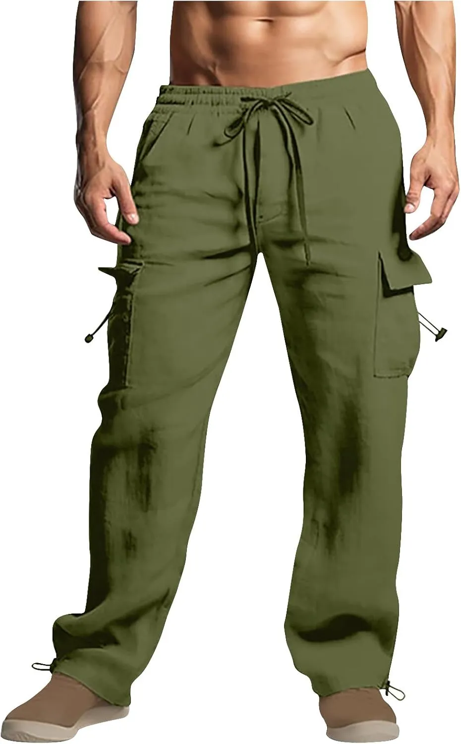 Cotton Linen Cargo Pants for Men Elastic Waist Sports Trousers Lounge Loose Joggers Sweatpants Pockets Athletic Pants