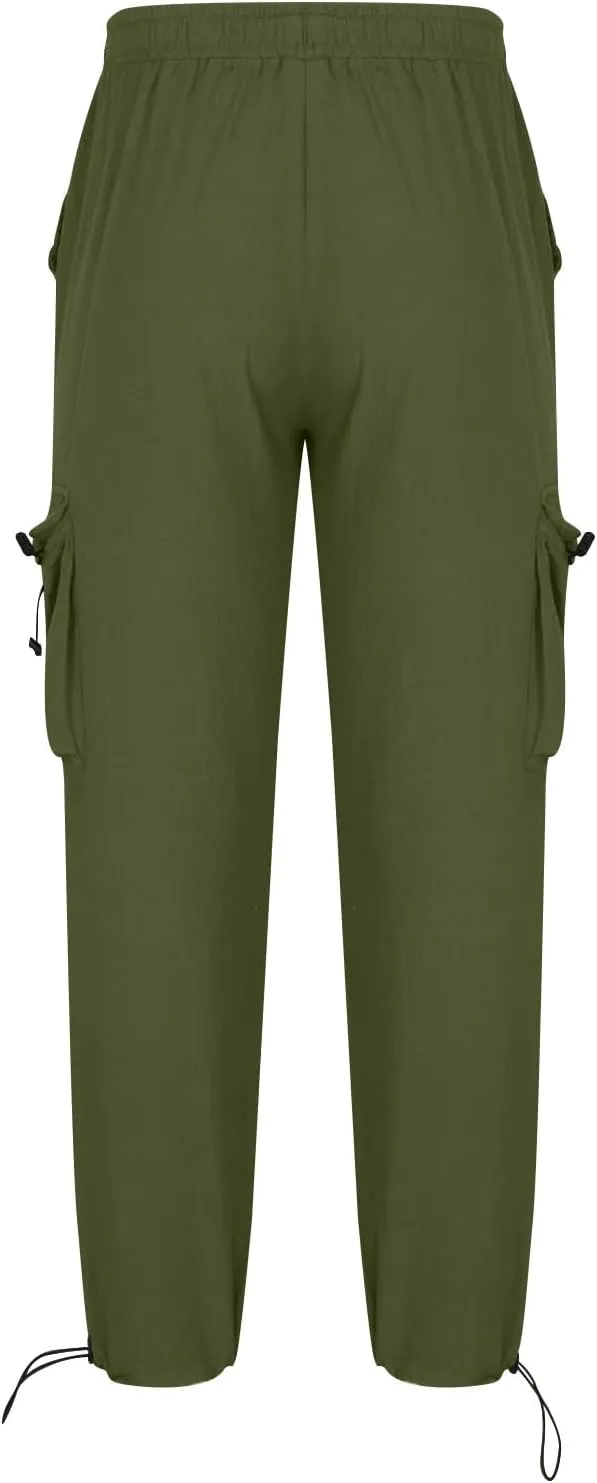 Cotton Linen Cargo Pants for Men Elastic Waist Sports Trousers Lounge Loose Joggers Sweatpants Pockets Athletic Pants