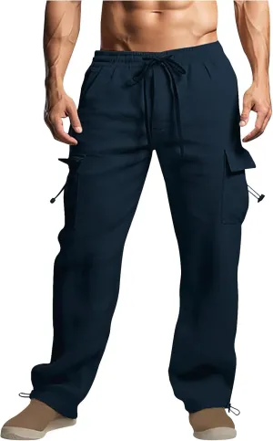 Cotton Linen Cargo Pants for Men Elastic Waist Sports Trousers Lounge Loose Joggers Sweatpants Pockets Athletic Pants