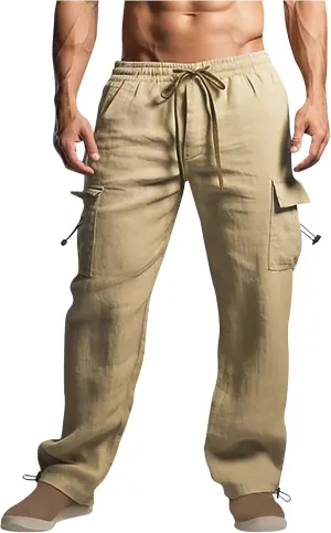 Cotton Linen Cargo Pants for Men Elastic Waist Sports Trousers Lounge Loose Joggers Sweatpants Pockets Athletic Pants