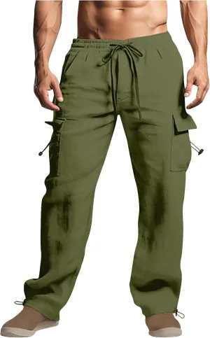 Cotton Linen Cargo Pants for Men Elastic Waist Sports Trousers Lounge Loose Joggers Sweatpants Pockets Athletic Pants