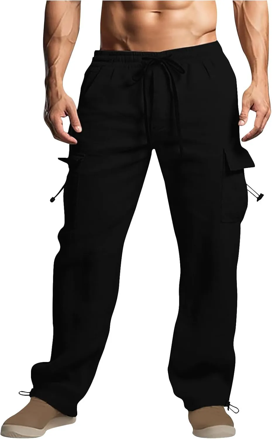 Cotton Linen Cargo Pants for Men Elastic Waist Sports Trousers Lounge Loose Joggers Sweatpants Pockets Athletic Pants
