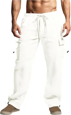 Cotton Linen Cargo Pants for Men Elastic Waist Sports Trousers Lounge Loose Joggers Sweatpants Pockets Athletic Pants