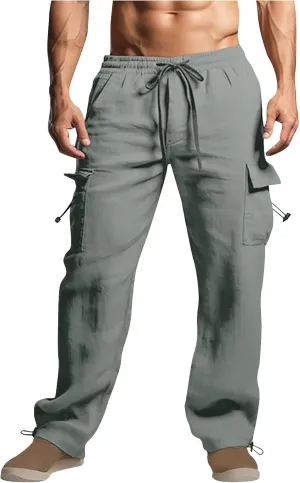Cotton Linen Cargo Pants for Men Elastic Waist Sports Trousers Lounge Loose Joggers Sweatpants Pockets Athletic Pants