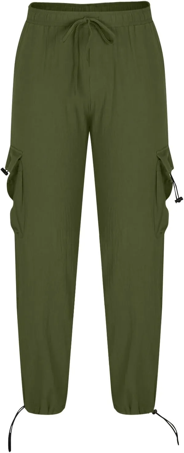 Cotton Linen Cargo Pants for Men Elastic Waist Sports Trousers Lounge Loose Joggers Sweatpants Pockets Athletic Pants