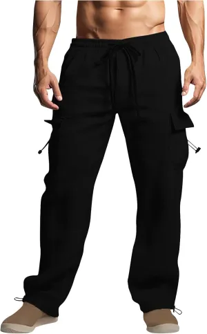 Cotton Linen Cargo Pants for Men Elastic Waist Sports Trousers Lounge Loose Joggers Sweatpants Pockets Athletic Pants