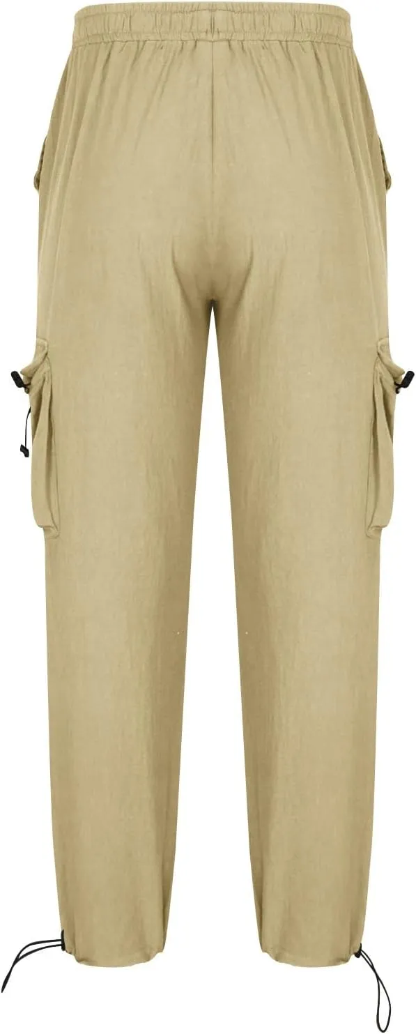 Cotton Linen Cargo Pants for Men Elastic Waist Sports Trousers Lounge Loose Joggers Sweatpants Pockets Athletic Pants