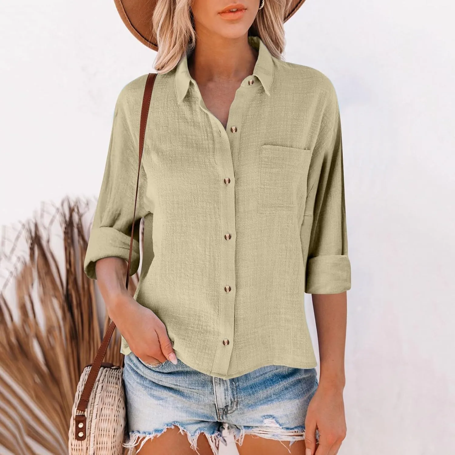 Cotton Linen Shirts for Women 2025 Lightweight Tops Summer Clothes Button Down Long Sleeve Pocket Beach Vacation