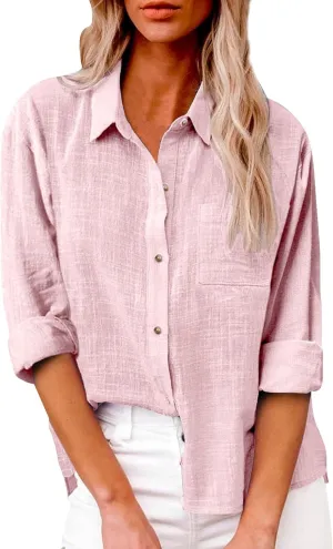 Cotton Linen Shirts for Women 2025 Lightweight Tops Summer Clothes Button Down Long Sleeve Pocket Beach Vacation