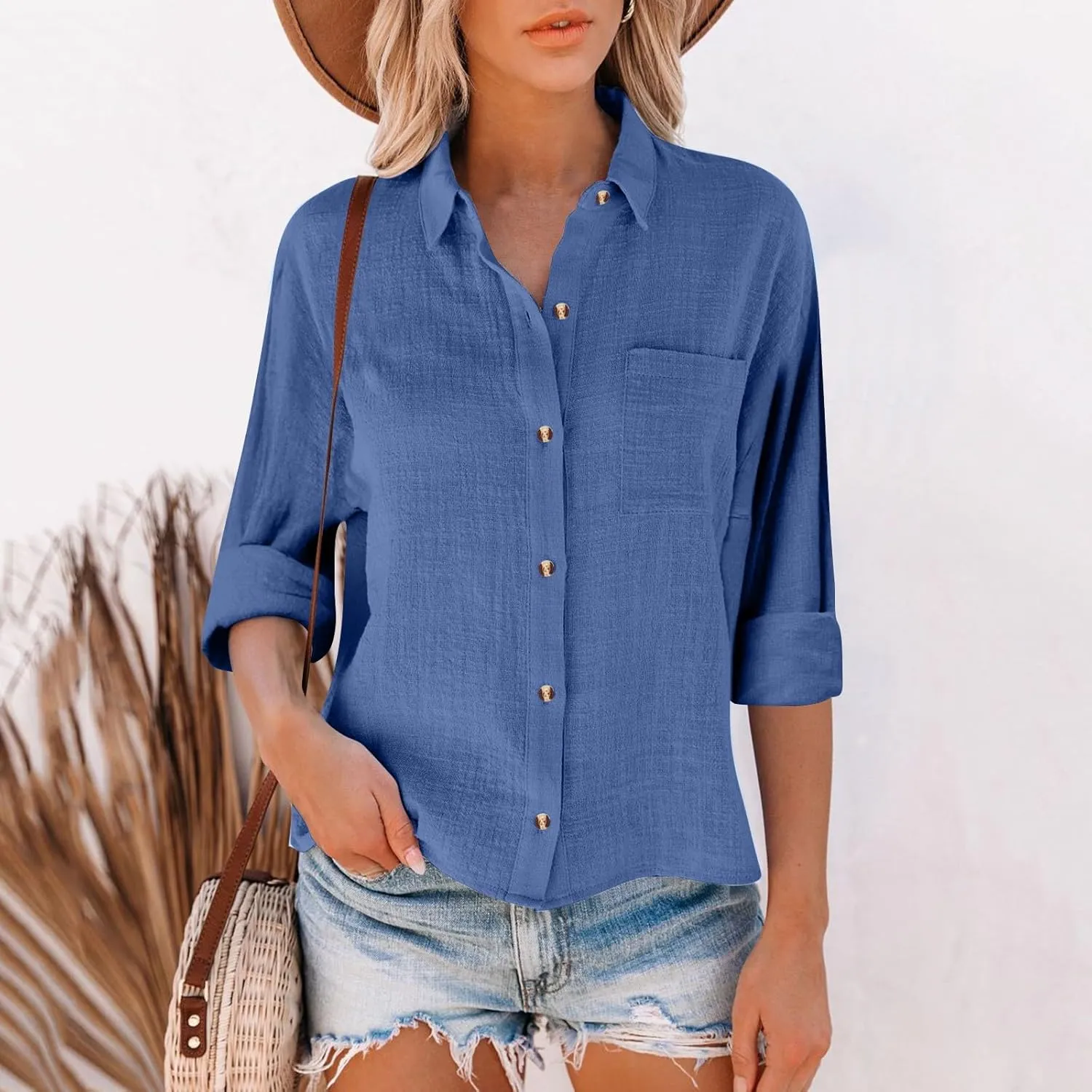 Cotton Linen Shirts for Women 2025 Lightweight Tops Summer Clothes Button Down Long Sleeve Pocket Beach Vacation