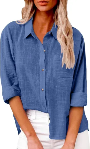 Cotton Linen Shirts for Women 2025 Lightweight Tops Summer Clothes Button Down Long Sleeve Pocket Beach Vacation