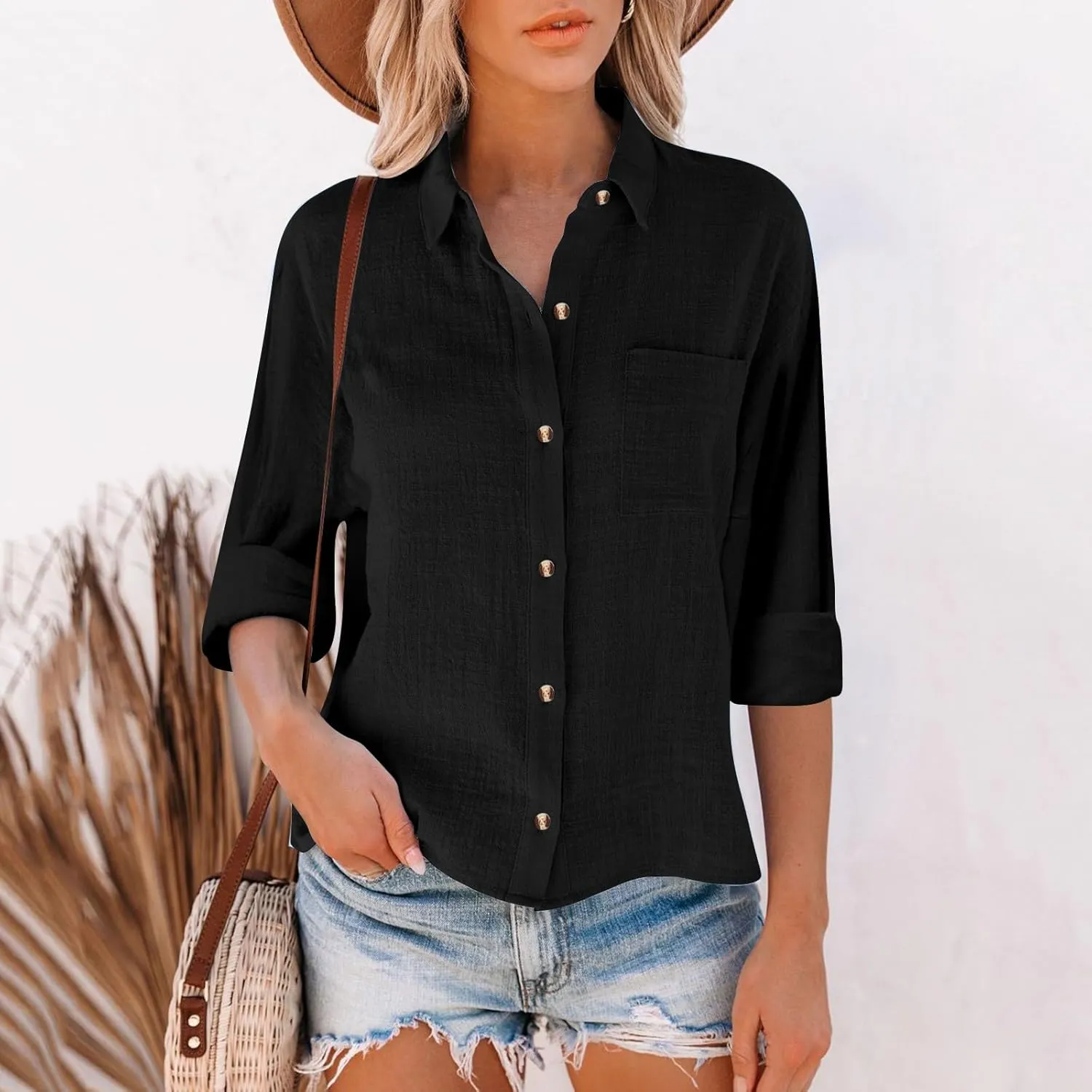 Cotton Linen Shirts for Women 2025 Lightweight Tops Summer Clothes Button Down Long Sleeve Pocket Beach Vacation