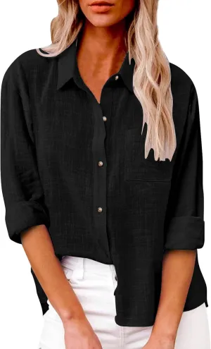 Cotton Linen Shirts for Women 2025 Lightweight Tops Summer Clothes Button Down Long Sleeve Pocket Beach Vacation