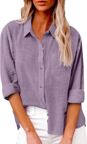 Cotton Linen Shirts for Women 2025 Lightweight Tops Summer Clothes Button Down Long Sleeve Pocket Beach Vacation