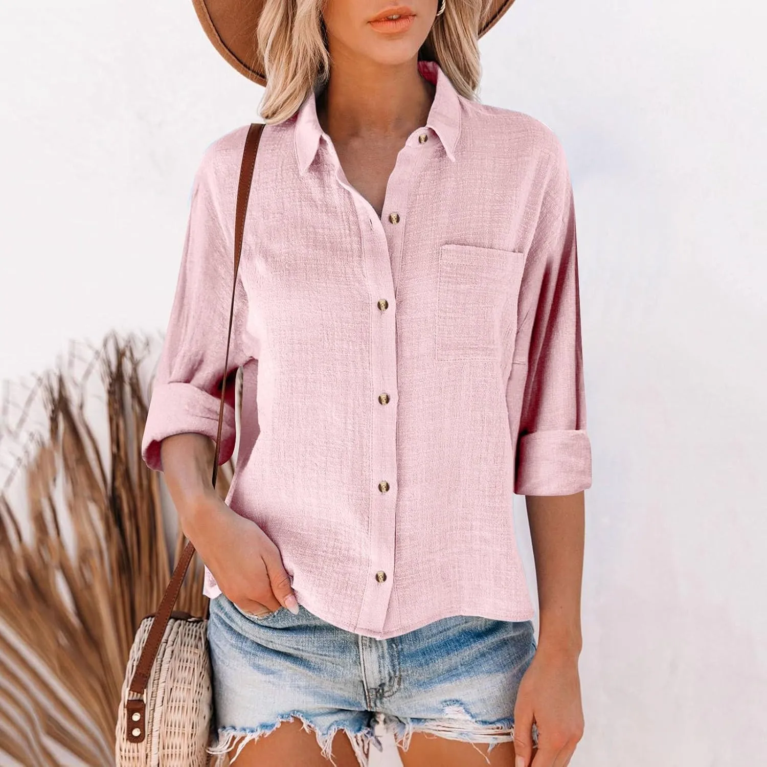 Cotton Linen Shirts for Women 2025 Lightweight Tops Summer Clothes Button Down Long Sleeve Pocket Beach Vacation