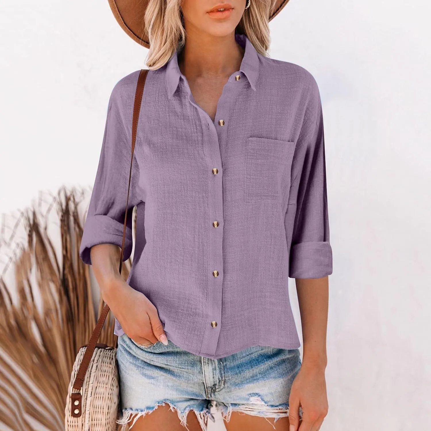 Cotton Linen Shirts for Women 2025 Lightweight Tops Summer Clothes Button Down Long Sleeve Pocket Beach Vacation