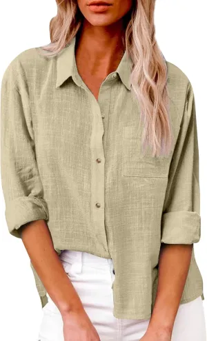 Cotton Linen Shirts for Women 2025 Lightweight Tops Summer Clothes Button Down Long Sleeve Pocket Beach Vacation
