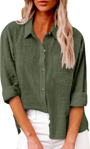 Cotton Linen Shirts for Women 2025 Lightweight Tops Summer Clothes Button Down Long Sleeve Pocket Beach Vacation