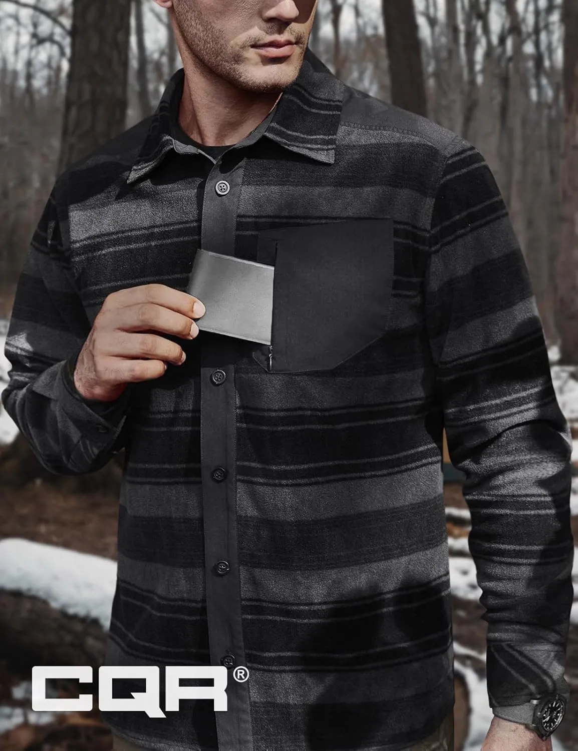 CQR Men's Long Sleeve Heavyweight Fleece Shirts, Plaid Button Up Shirt, Warm Outdoor Casual Shirt with Pockets
