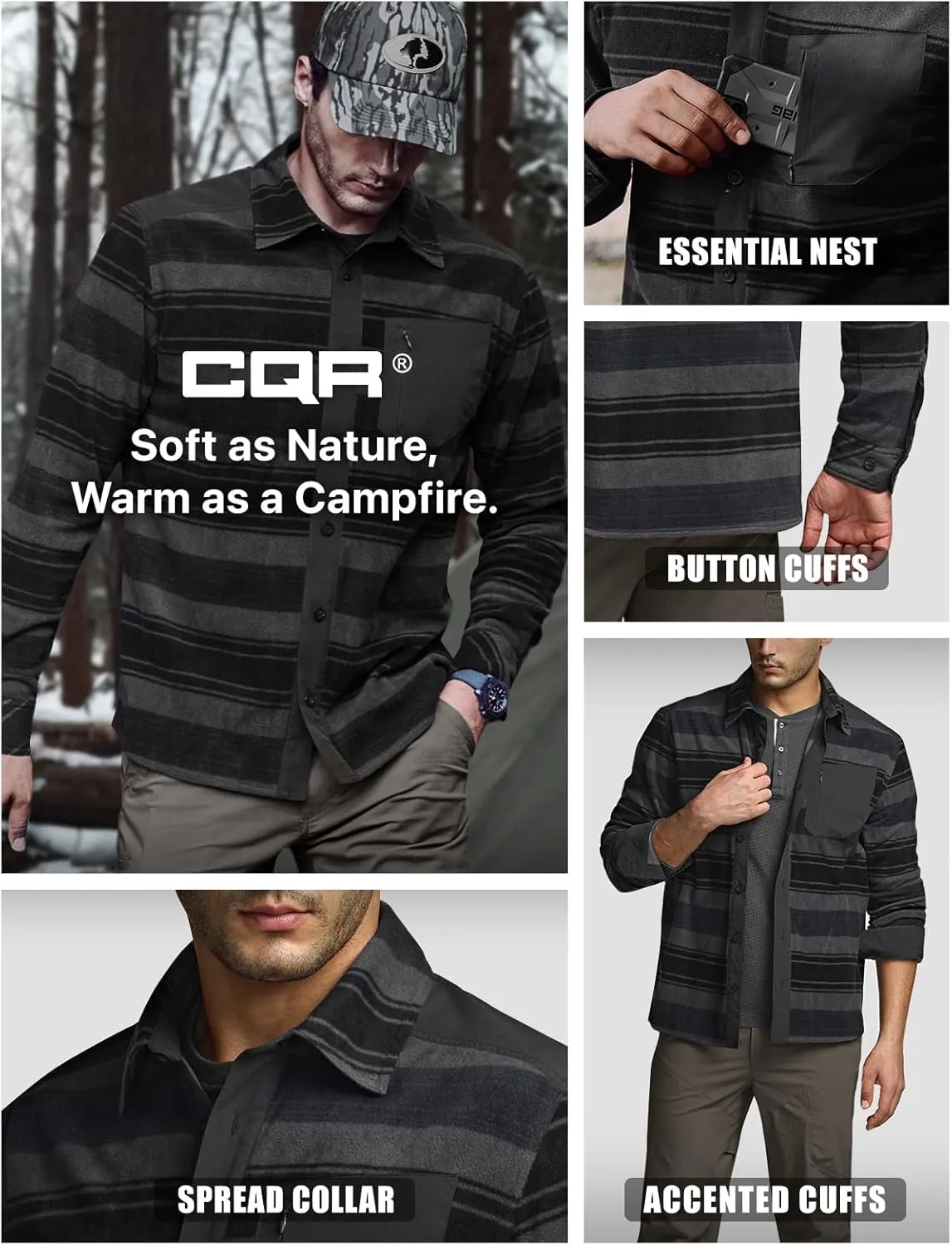 CQR Men's Long Sleeve Heavyweight Fleece Shirts, Plaid Button Up Shirt, Warm Outdoor Casual Shirt with Pockets