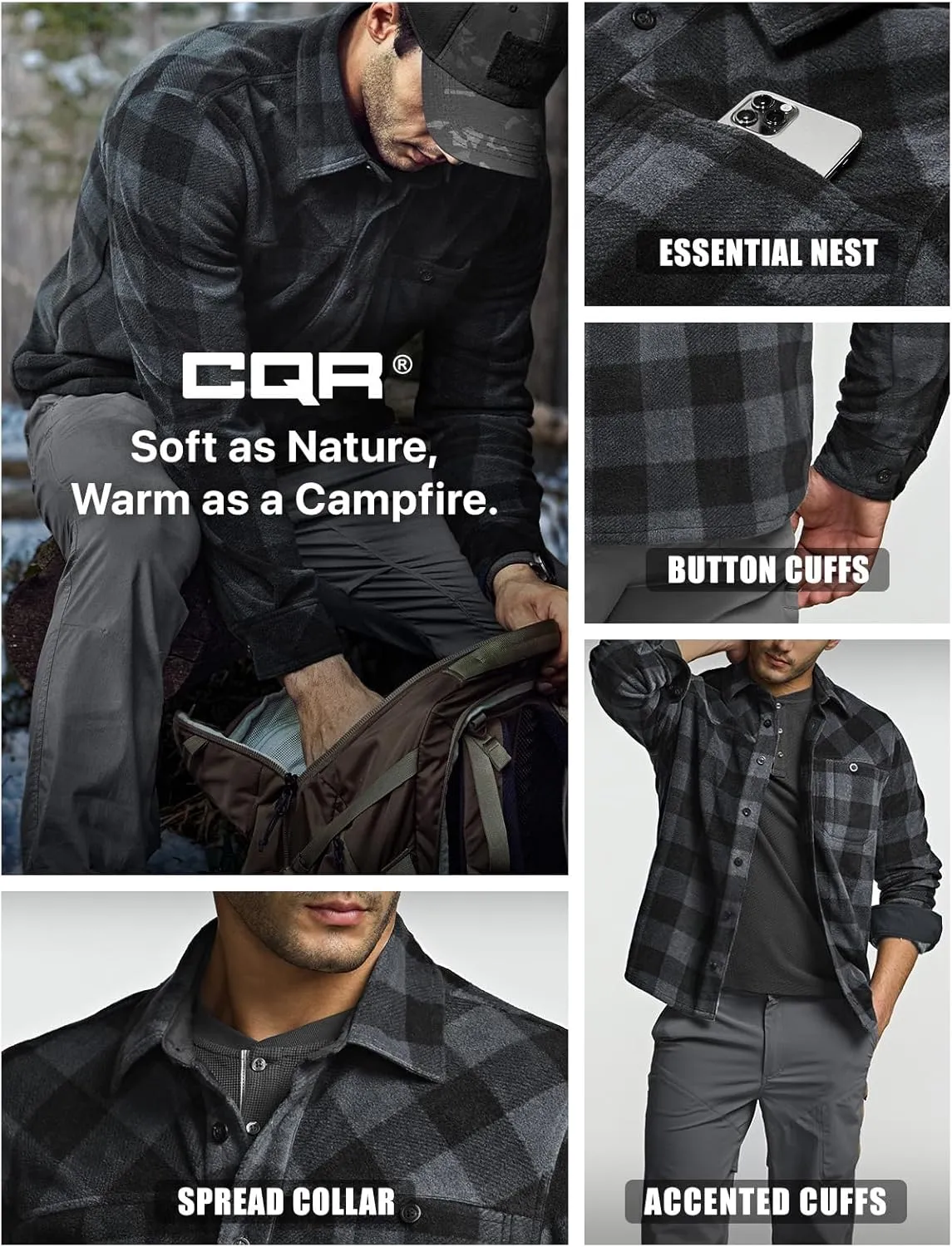CQR Men's Long Sleeve Heavyweight Fleece Shirts, Plaid Button Up Shirt, Warm Outdoor Casual Shirt with Pockets
