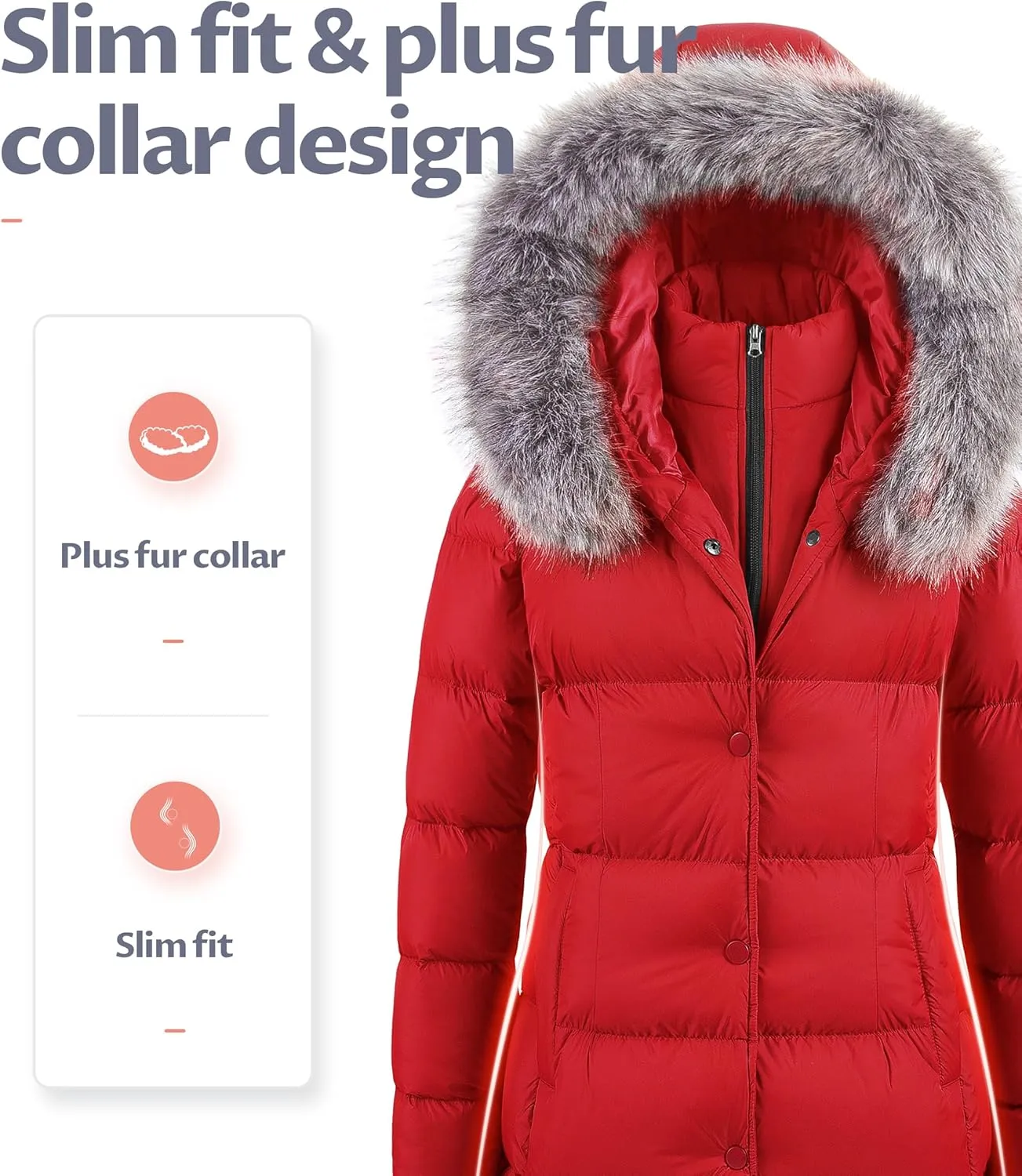 CREATMO US Women's Winter Snow Jacket Long Fur Puffer Coat With Removable Faux Fur Trim