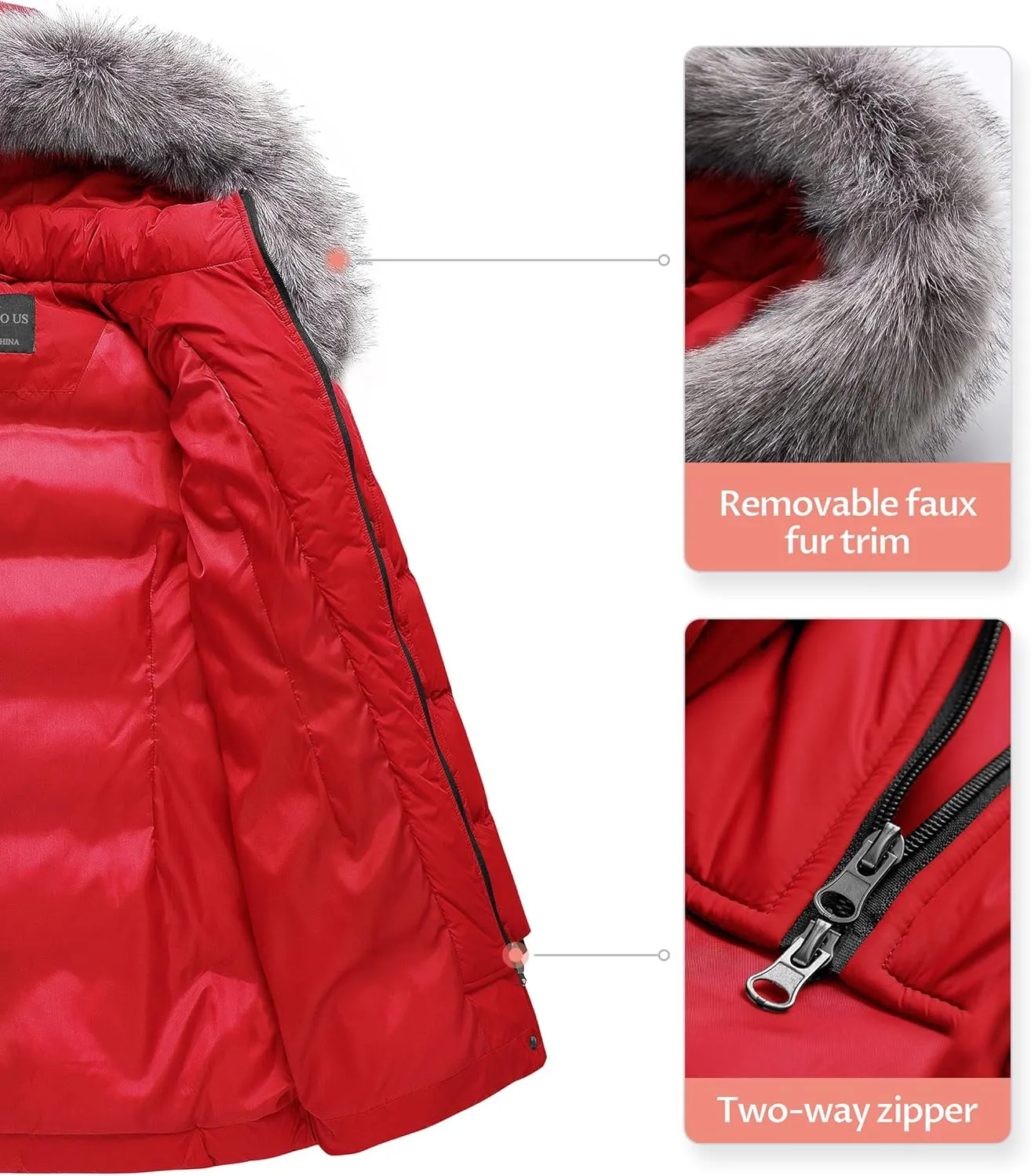CREATMO US Women's Winter Snow Jacket Long Fur Puffer Coat With Removable Faux Fur Trim