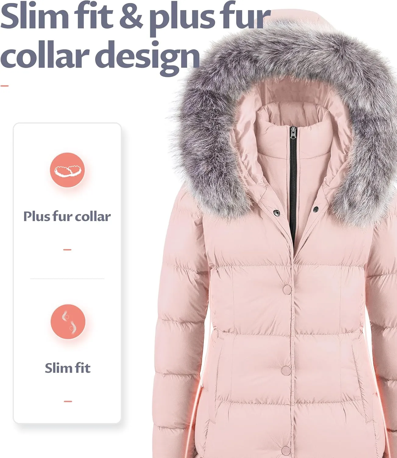CREATMO US Women's Winter Snow Jacket Long Fur Puffer Coat With Removable Faux Fur Trim