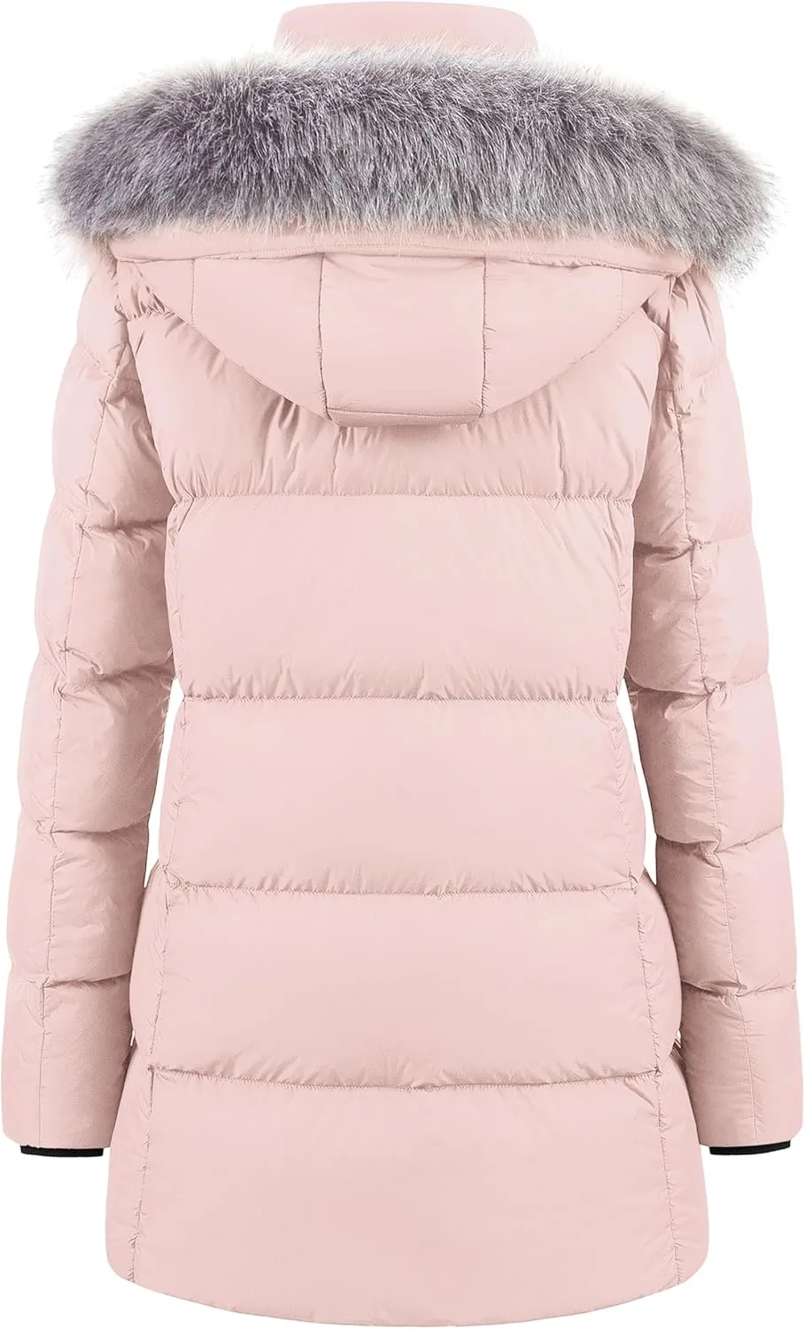 CREATMO US Women's Winter Snow Jacket Long Fur Puffer Coat With Removable Faux Fur Trim