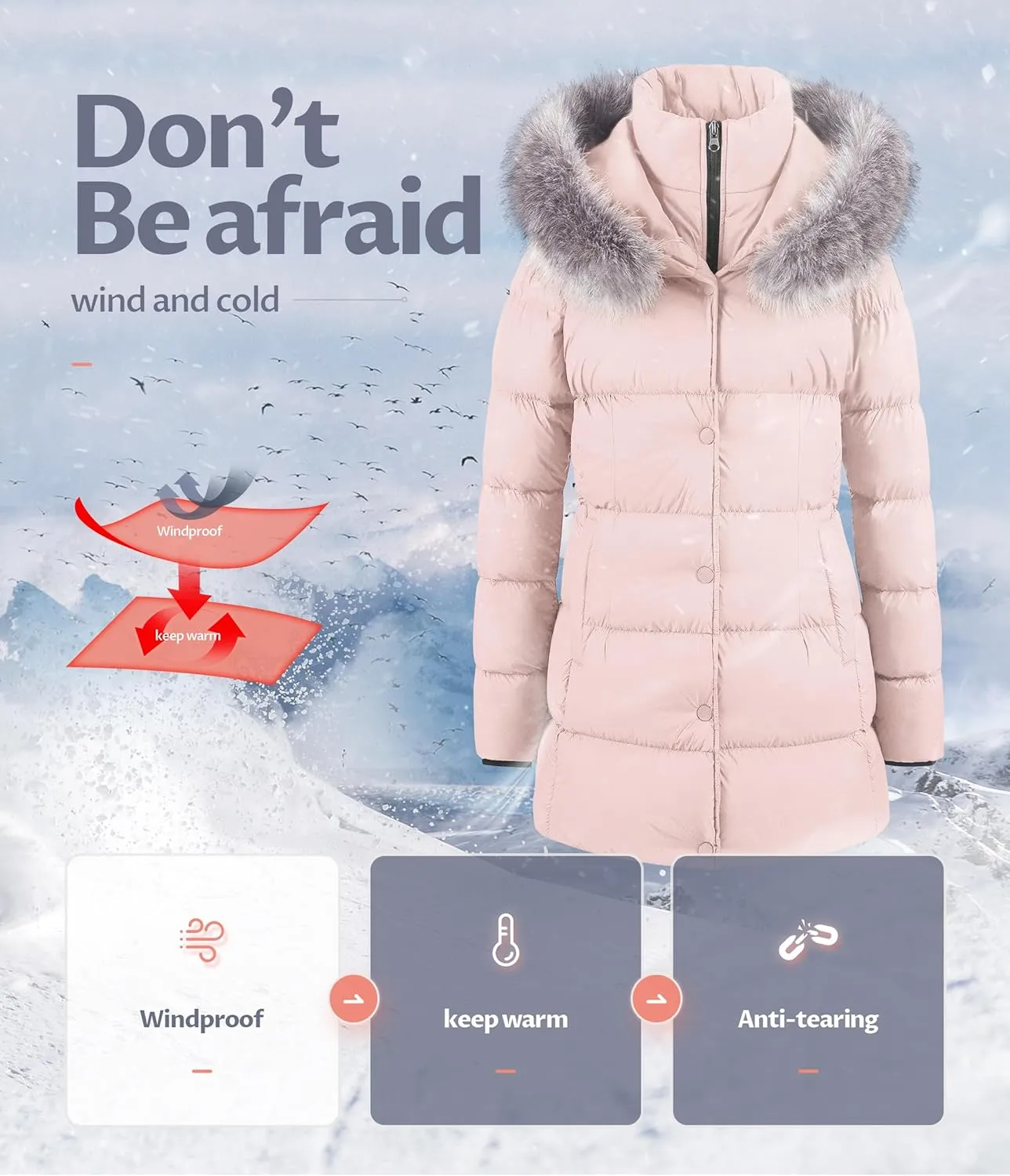 CREATMO US Women's Winter Snow Jacket Long Fur Puffer Coat With Removable Faux Fur Trim