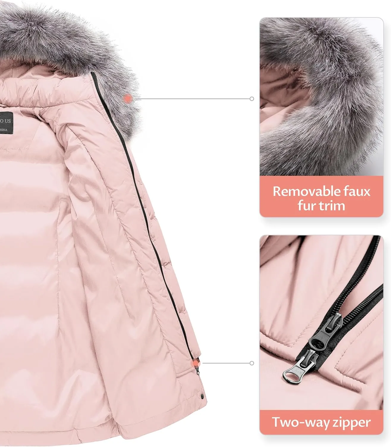CREATMO US Women's Winter Snow Jacket Long Fur Puffer Coat With Removable Faux Fur Trim