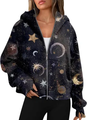 Cropped Hoodie Women Zip Pullover Thumb Hole Fall Hoodies Comfy Solid Long Sleeve Shirts Winter Clothes With Pockets