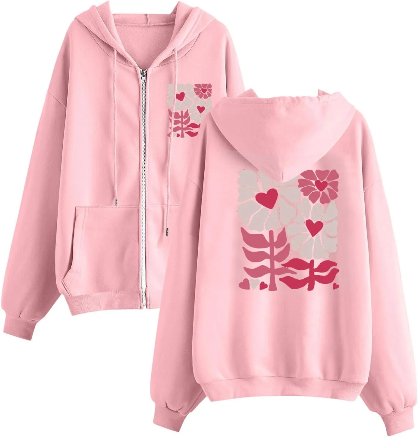 Cute Floral Print Zip Up Hoodies for Women Winter Lightweight Oversized Jackets Long Sleeve Fleece Hooded Sweatshirt