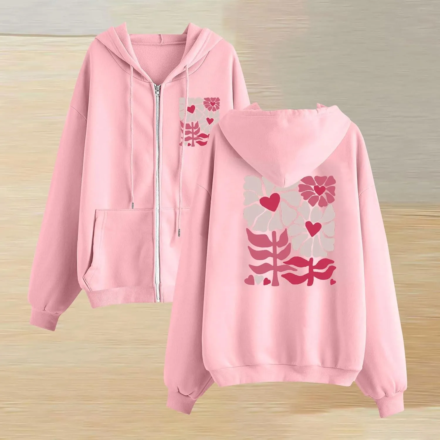 Cute Floral Print Zip Up Hoodies for Women Winter Lightweight Oversized Jackets Long Sleeve Fleece Hooded Sweatshirt