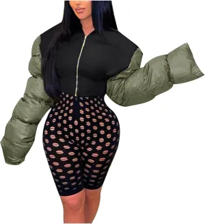 DASAYO Women's Puffy Long Sleeve Zip Cropped Puffer Jacket Color Block Quilted Puffy Down Coat Slouchy Winter Outwear Trendy