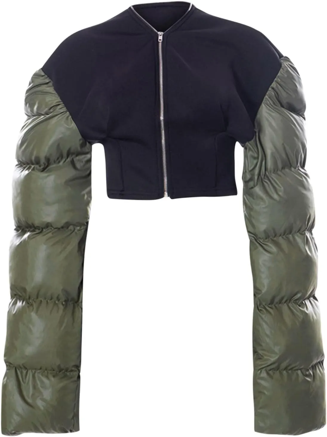 DASAYO Women's Puffy Long Sleeve Zip Cropped Puffer Jacket Color Block Quilted Puffy Down Coat Slouchy Winter Outwear Trendy
